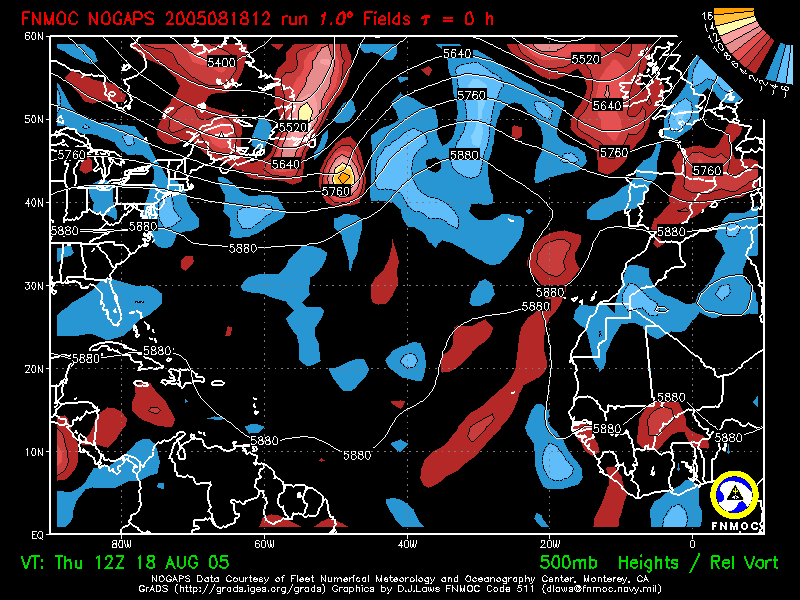 product: 500 hPa Heights [m] and Rel. Vort [10-5 s-1], area: Atlantic, tau: 000 